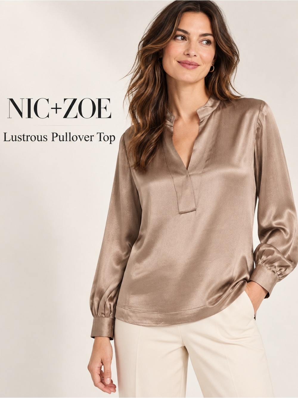 NIC+ZOE Satin V‑Neck Pullover Top in Taupe